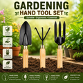3 Pcs Garden Hand Tool Set with Trowel, Hand Cultivator & Garden Fork | Wooden Handle Gardening Tools for Digging, Weeding, Planting & Soil Aeration