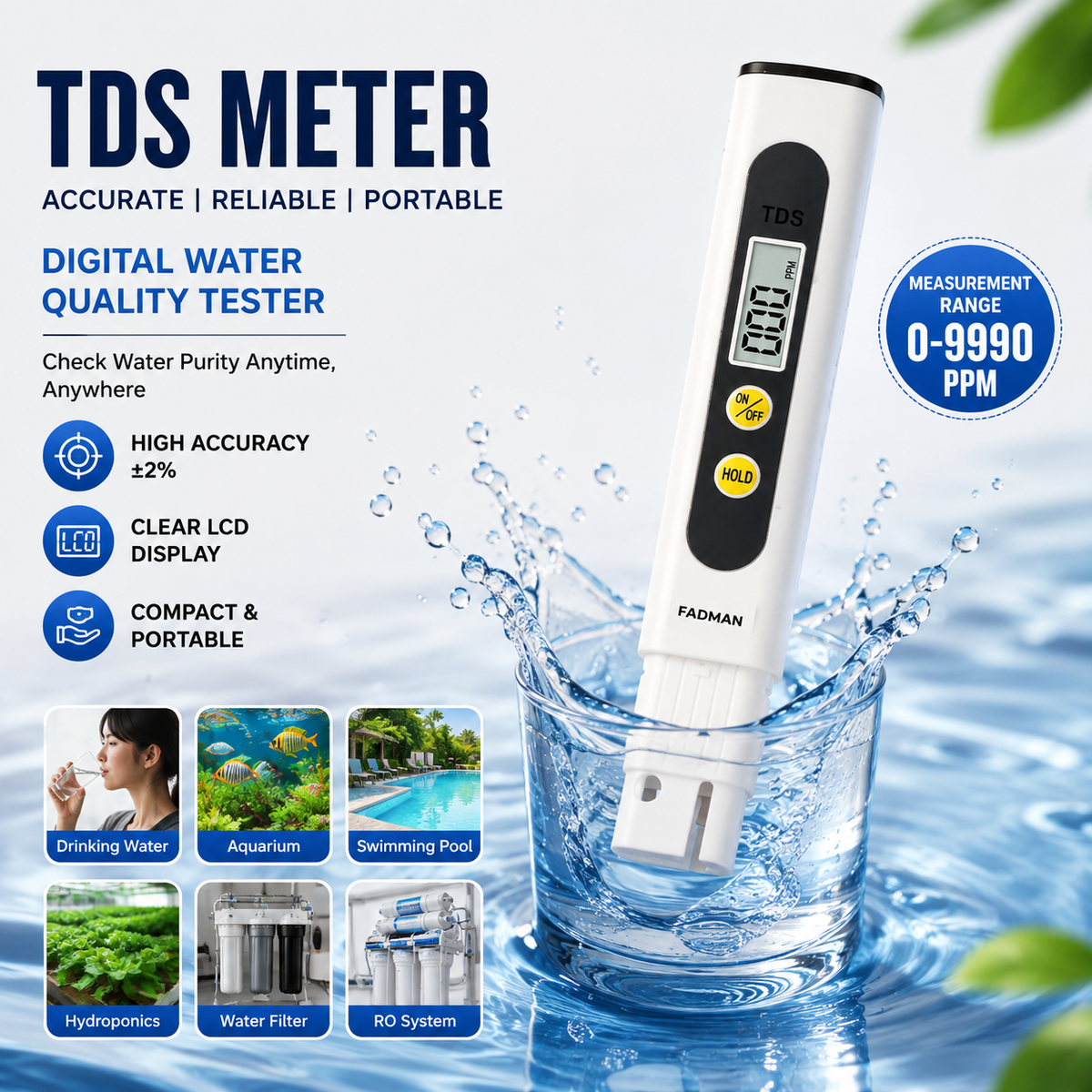 Digital TDS Meter for Water Quality Testing, Portable TDS Tester with LCD Display, PPM Water Purity Tester for Drinking Water, RO, Aquarium, Swimming Pool & Hydroponics