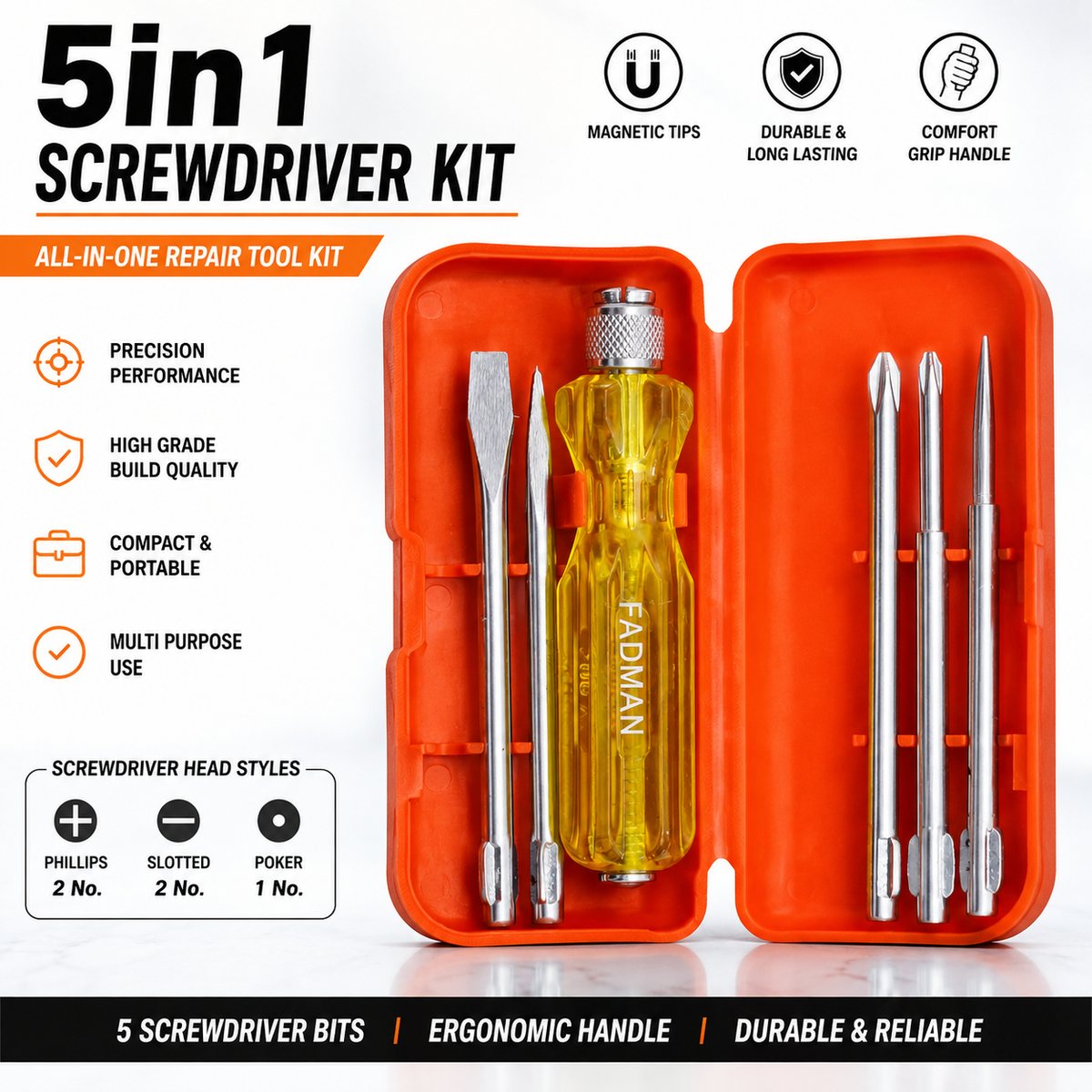 5-in-1 Screwdriver Set, 5 Interchangeable Bits, Phillips & Slotted Heads, Ergonomic Anti-Slip Handle, Portable Storage Case for Home, Electrical & Repair Work (Red)