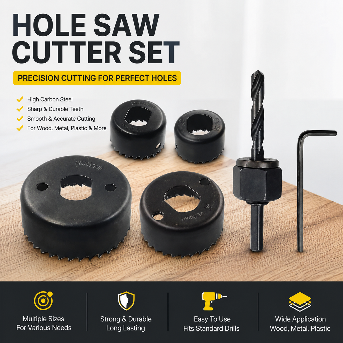 4-Piece Hole Saw Cutter Set with Drill Bit & Allen Key