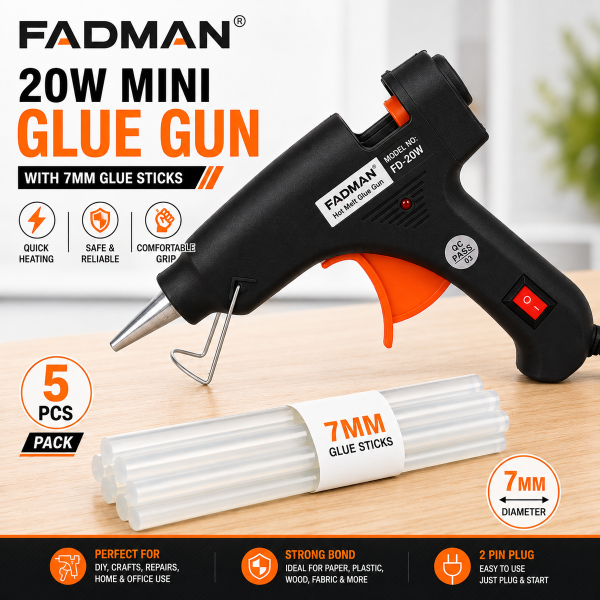 20W Hot Melt Glue Gun with 5 Pcs 7MM Glue Sticks | Mini Electric Adhesive Gun for DIY Crafts, Art, Repair & Home Projects (Black)