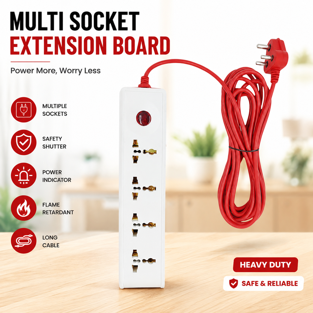 Extension Board 5 Meter Long Cord | 4 Universal Socket Power Strip with LED Indicator
