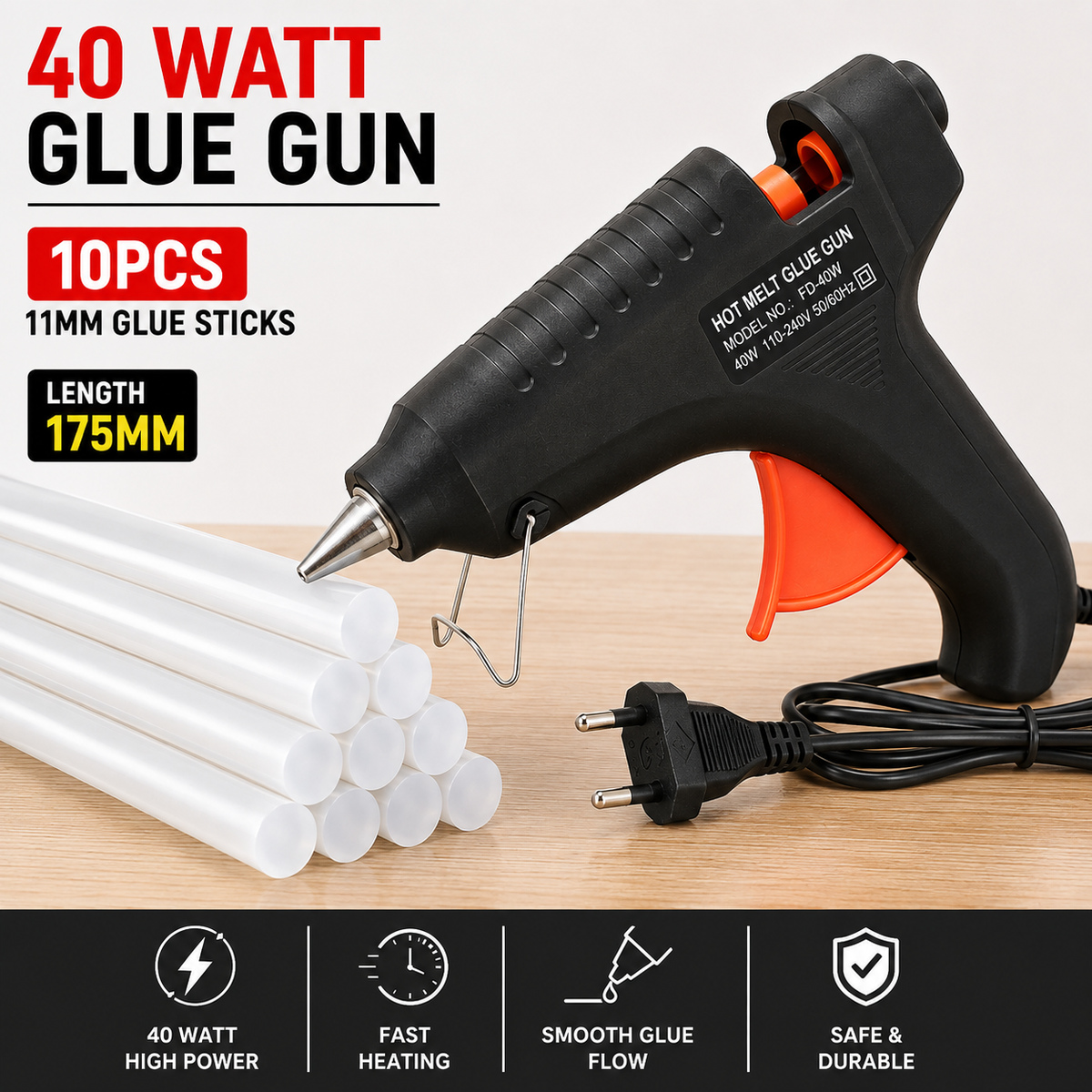 40W Hot Melt Glue Gun with 10 Pcs 11mm Glue Sticks | High Temperature Electric Adhesive Gun for Craft, DIY, Repair & Decoration