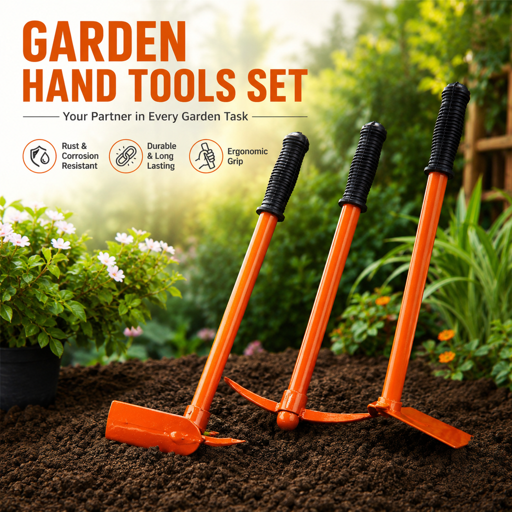 Heavy Duty Garden Hoe & Tiller Tool Set | 3-in-1 Hand Cultivator, Weeder & Soil Loosener | Long Handle Gardening Tool for Weeding, Cultivating & Soil Preparation
