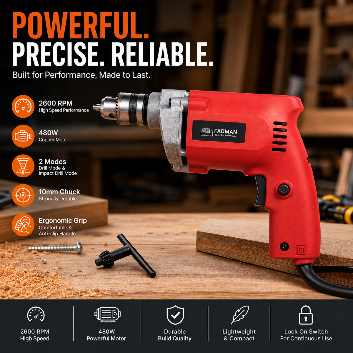 480W Electric Impact Drill Machine with 10mm Chuck, 2600 RPM Variable Speed, Copper Motor, Lock-On Switch & Dual Drilling Mode for Wood, Metal, Wall & DIY Projects