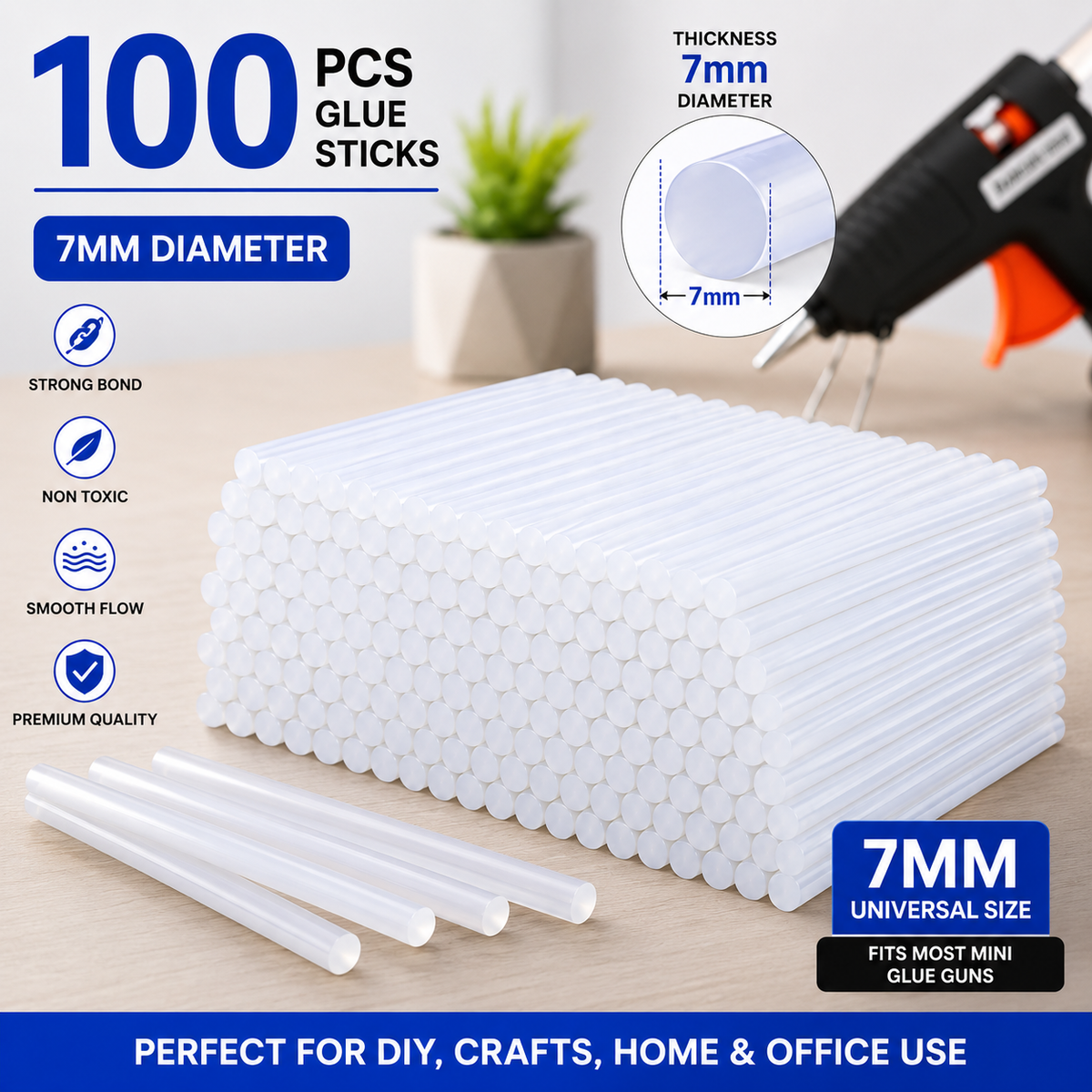100 Pcs 7mm Transparent Hot Melt Glue Sticks for 20W Mini Glue Gun – Strong Adhesive Sticks for Craft, DIY, Art, Repair & Decoration