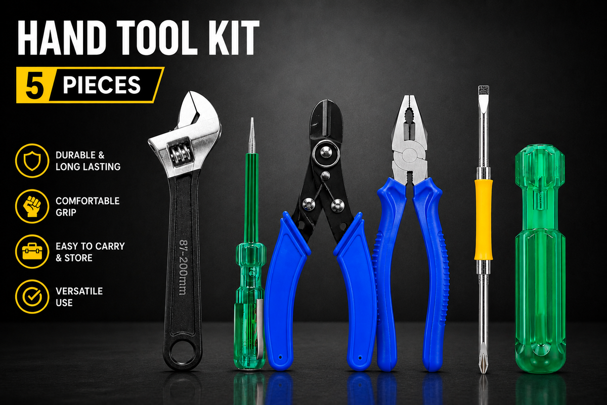 5-in-1 Multipurpose Hand Tool Kit with Combination Plier, Wire Cutter, Tester, 2-in-1 Screwdriver & Adjustable Wrench for Home, Electrical & Repair Work