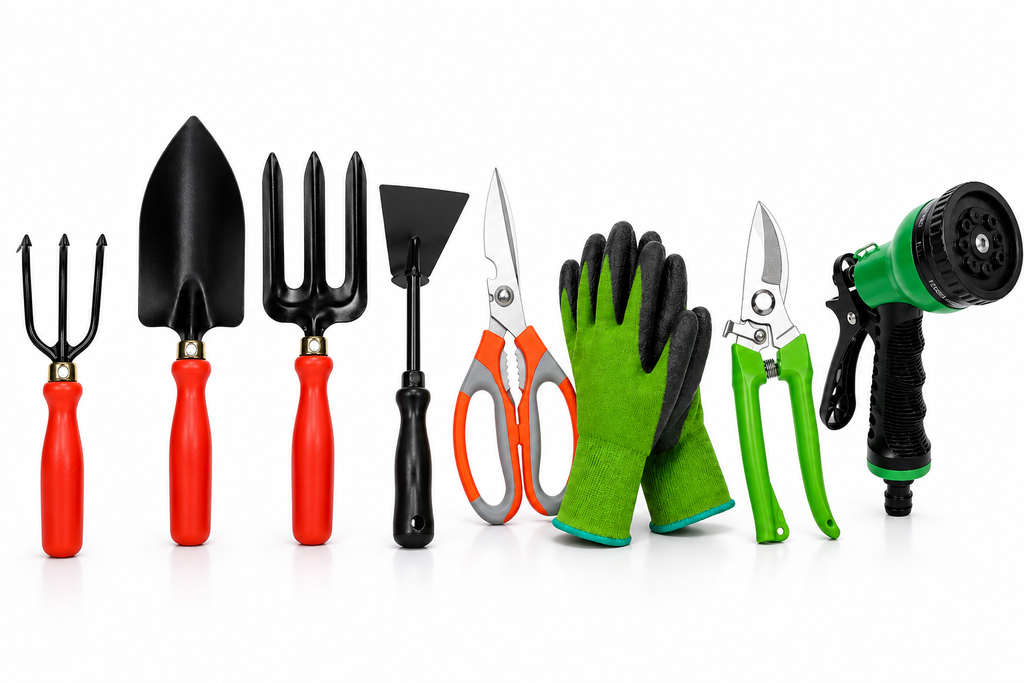 Garden Tools Set of 8 | Hand Trowel, 3-Tine Cultivator, Garden Fork, Khurpa, Pruning Cutter, Garden Scissors, Water Spray Nozzle & Gardening Gloves | Heavy Duty Gardening Tool Kit for Home, Lawn, Plants & Outdoor Use