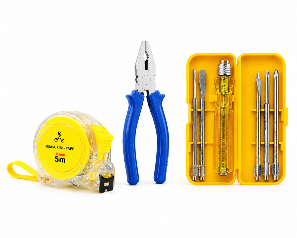 3-in-1 Hand Tool Kit with Combination Plier, 5-in-1 Interchangeable Screwdriver Set & 5 Meter Measuring Tape for Home, DIY & Repair Work