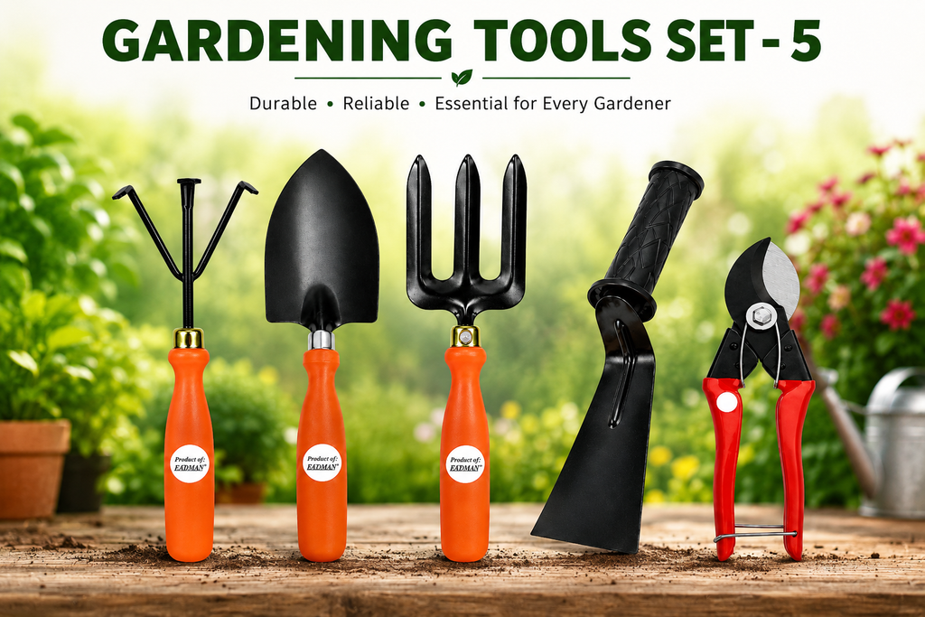 Garden Tools Set of 5 | Hand Trowel, Garden Fork, Cultivator, Pruning Cutter & Khurpa | Heavy Duty Gardening Tools for Home, Lawn & Plants