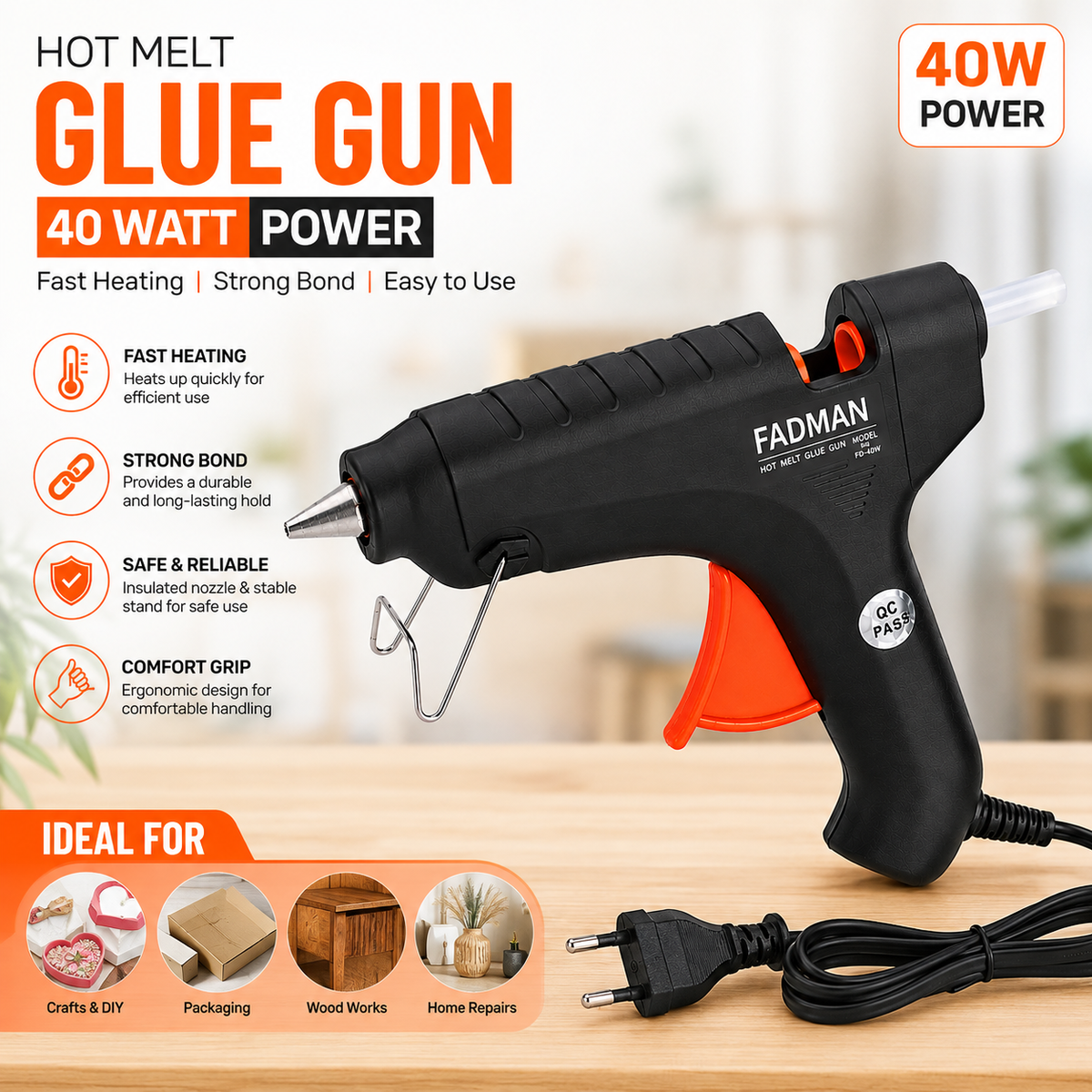 40W Hot Melt Glue Gun | High Temperature Electric Adhesive Gun for Craft, DIY, Repair & Decoration