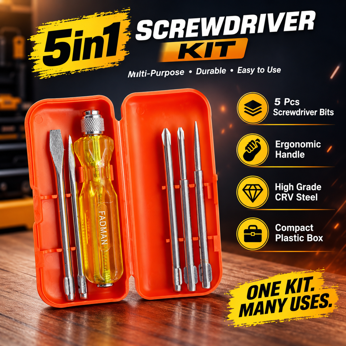 5-in-1 Screwdriver Set, 5 Interchangeable Bits, Phillips & Slotted Heads, Ergonomic Anti-Slip Handle, Portable Storage Case for Home, Electrical & Repair Work (Red)