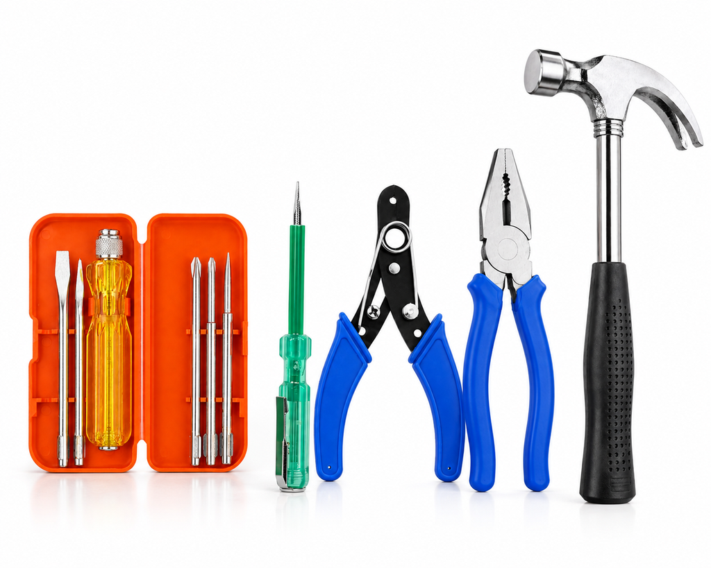 5-in-1 Multi-Purpose Hand Tool Kit with Combination Plier, Wire Cutter, Electrical Tester, Screwdriver Set & Claw Hammer for Home, Repair & DIY Use