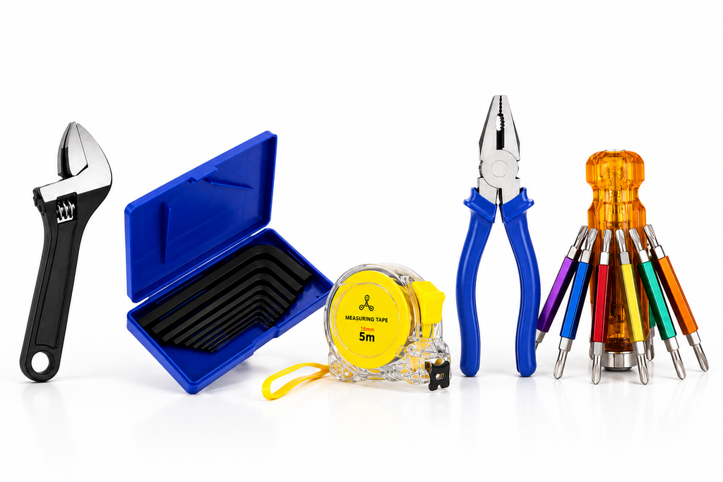 5-in-1 Hand Tool Kit with Adjustable Wrench, 5M Measuring Tape, Combination Pliers, Blue Allen Key Set & 6-in-1 Hexagon Screwdriver Set for Home, Workshop & Repair