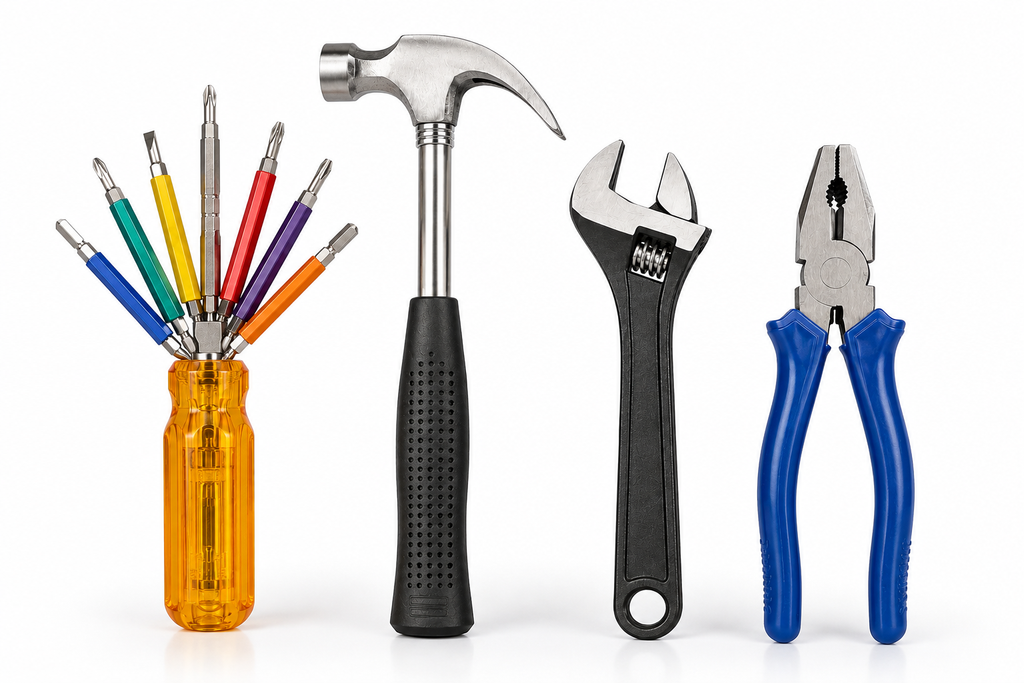 4-in-1 Multi-Purpose Hand Tool Kit – Combination Plier, 6-in-1 Hexagon Screwdriver Set, Claw Hammer & 200mm Adjustable Wrench for Home, Repair & DIY Work