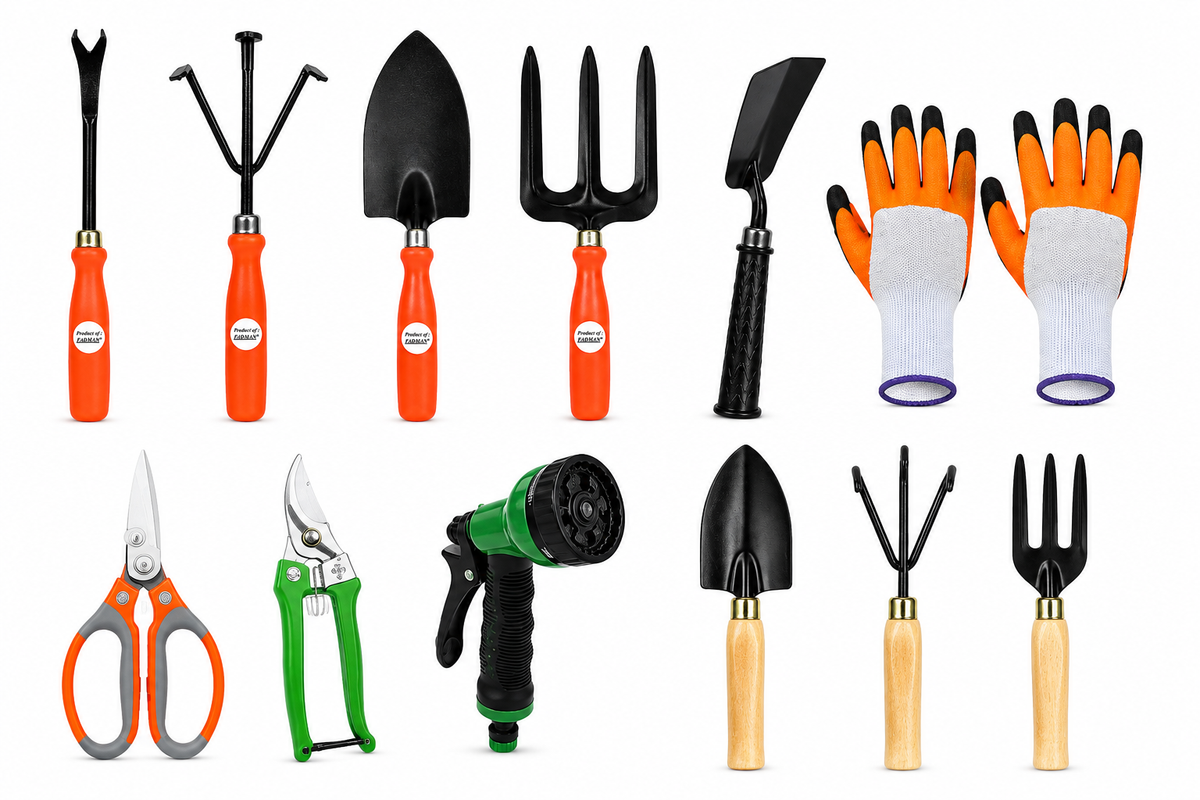Garden Tools Set of 12 | Big Trowel, Small Trowel, 3-Prong Cultivator, Garden Fork, Weeder, Khurpa, Pruning Cutter, Garden Scissors, Water Spray Nozzle & 2 Type Gardening Gloves | Heavy Duty Gardening Tool Kit for Home, Lawn, Plants & Outdoor Use
