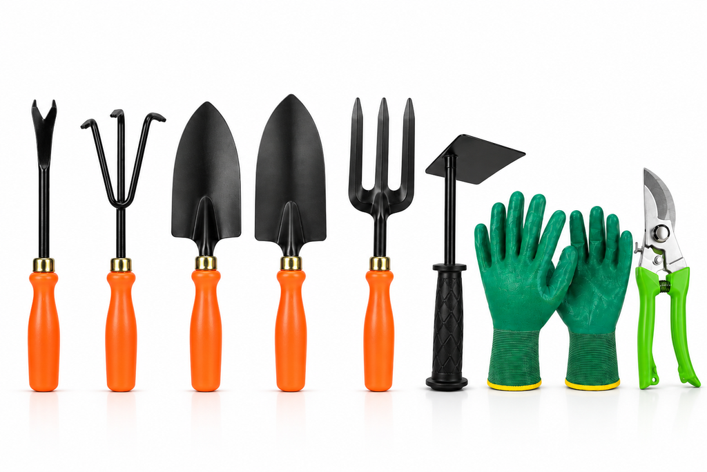 Garden Tools Set of 8 | Big Trowel, Small Trowel, Weeder, 3-Tine Cultivator, Khurpa, Pruning Cutter, Garden Fork & Gardening Gloves | Heavy Duty Gardening Tool Kit for Home, Lawn, Plants & Outdoor Use