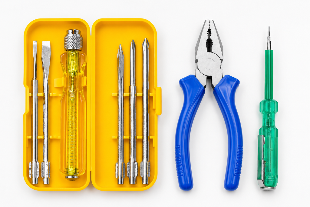 3-in-1 Multi-Purpose Hand Tool Kit with Combination Plier, 5-in-1 Interchangeable Screwdriver Set & Voltage Tester