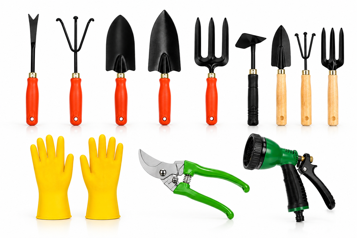 Garden Tools Set of 12 | Big Trowel, Small Trowel, 3-Prong Cultivator, Garden Fork, Weeder, Khurpa, Pruning Cutter, Water Spray Nozzle & Gardening Gloves | Heavy Duty Gardening Tool Kit for Home, Lawn, Plants & Outdoor Use