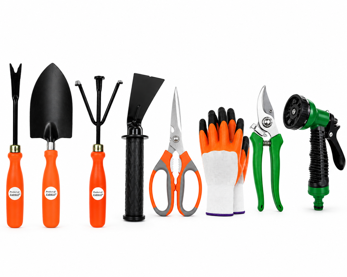 Garden Tools Set of 12 | Big Trowel, 3-Prong Cultivator, Garden Fork, Weeder, Khurpa, Garden Scissors, Wood Handle Gardening Set-3 Pcs, Water Spray Nozzle & 2 Types of Gardening Gloves | Heavy Duty Gardening Tool Kit for Home, Lawn, Plants & Outdoor Use