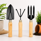 3 Pcs Garden Hand Tool Set with Trowel, Hand Cultivator & Garden Fork | Wooden Handle Gardening Tools for Digging, Weeding, Planting & Soil Aeration