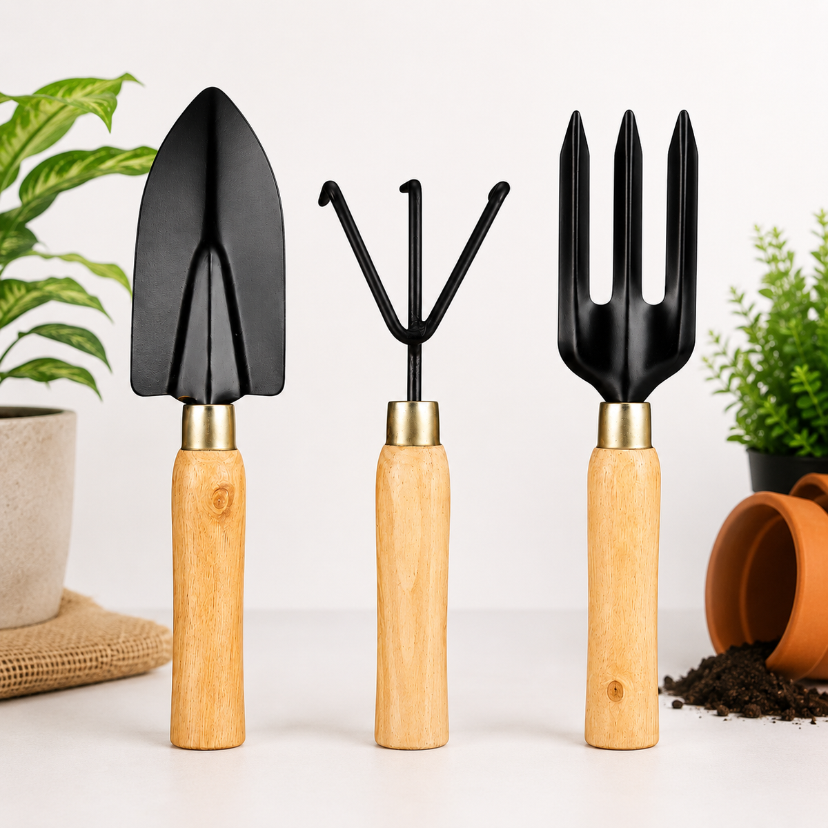 3 Pcs Garden Hand Tool Set with Trowel, Hand Cultivator & Garden Fork | Wooden Handle Gardening Tools for Digging, Weeding, Planting & Soil Aeration