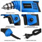 500W 10mm Electric Drill Machine with Variable Speed, Forward & Reverse Rotation, 2800 RPM, Lock-On Switch, Cooling Vents & 1.3 Meter Power Cord for Home, DIY & Professional Use