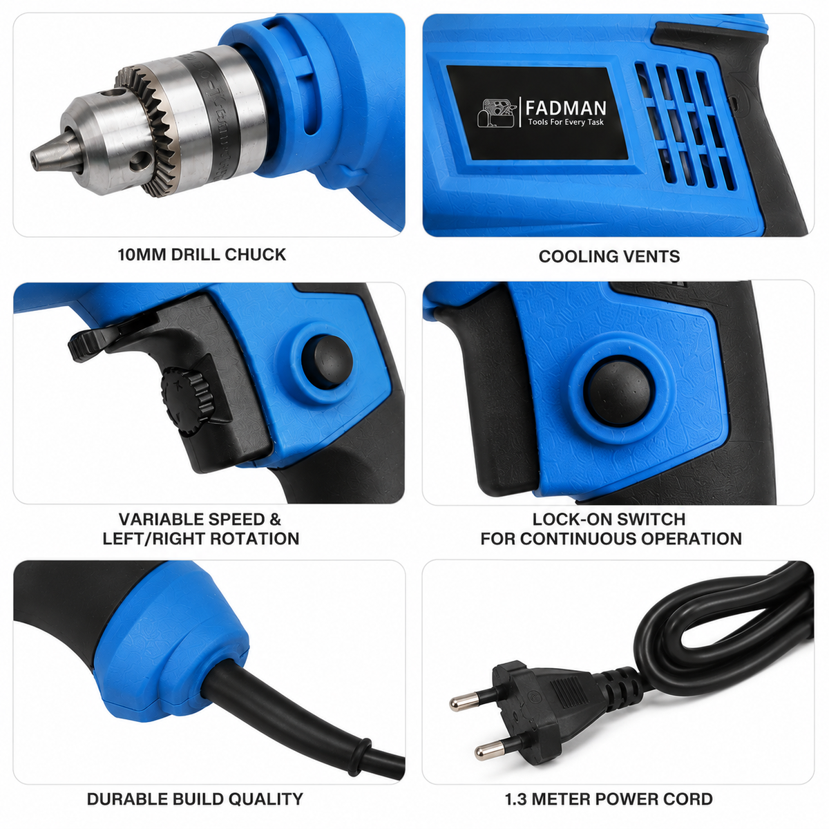 500W 10mm Electric Drill Machine with Variable Speed, Forward & Reverse Rotation, 2800 RPM, Lock-On Switch, Cooling Vents & 1.3 Meter Power Cord for Home, DIY & Professional Use