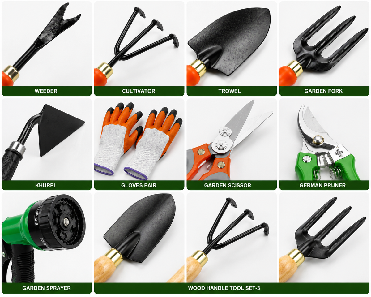 Garden Tools Set of 12 | Big Trowel, 3-Prong Cultivator, Garden Fork, Weeder, Khurpa, Garden Scissors, Wood Handle Gardening Set-3 Pcs, Water Spray Nozzle & 2 Types of Gardening Gloves | Heavy Duty Gardening Tool Kit for Home, Lawn, Plants & Outdoor Use