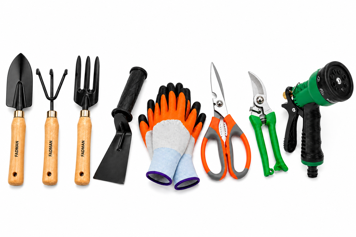 Garden Tools Set of 8 | Khurpa, Gardening Gloves, Pruning Scissors, Garden Pruner, Water Spray Nozzle & Hand Trowel Cultivator Fork Set | Gardening Tools Kit for Home, Plants, Lawn & Outdoor Use