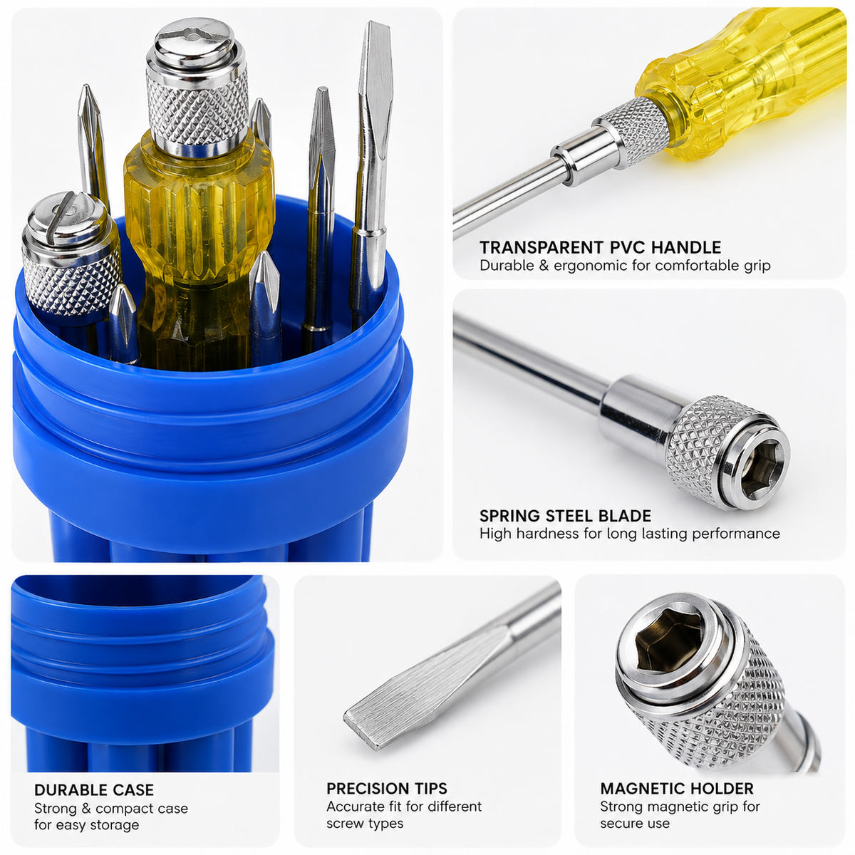 8-in-1 Screwdriver Set, Multi-Size Screwdriver Set with Interchangeable Phillips & Flat Head Bits, Extension Rod, High-Grade Steel Shafts & Transparent PVC Handle for Car, Computer, Workshop & Household Repair