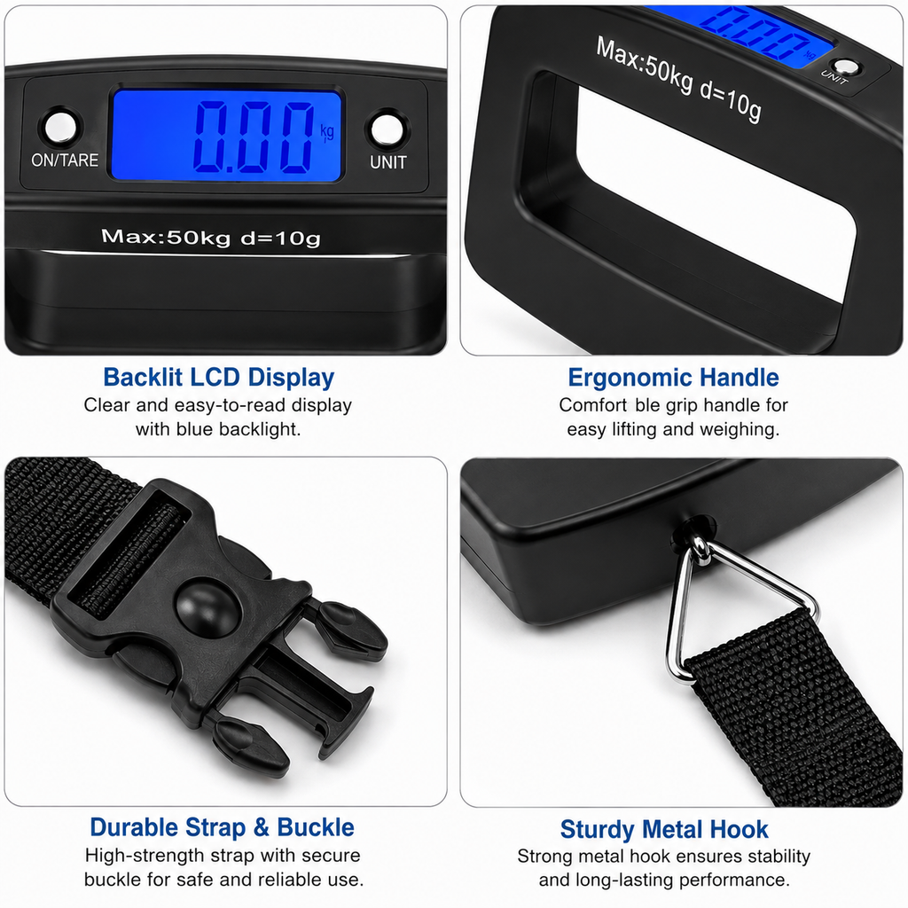 50kg Digital Hanging Luggage Weighing Scale with 10g Precision, Portable Travel Weight Machine with Adjustable Strap & LCD Display for Suitcase, Bags and Parcel