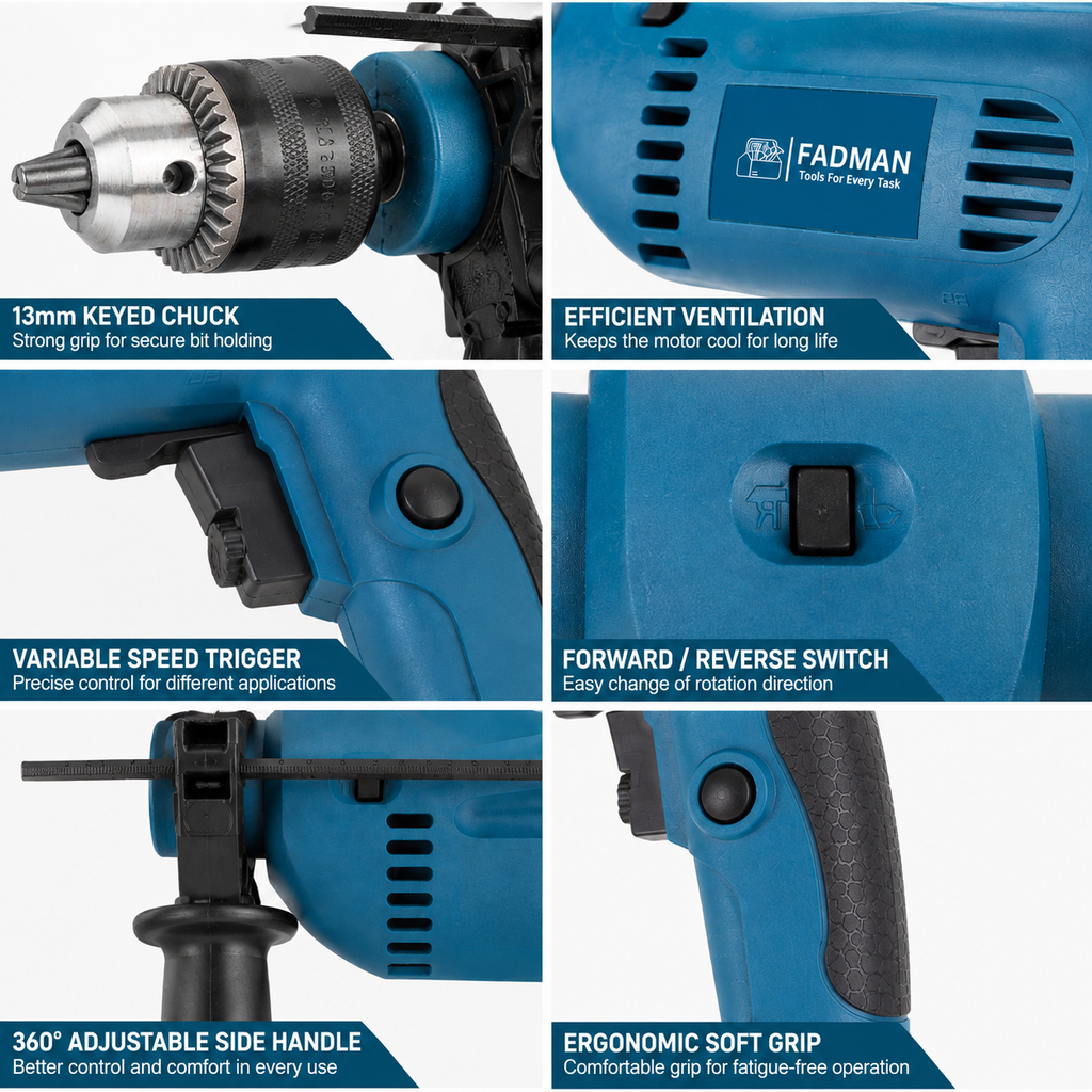 650W 13mm Electric Impact Drill Machine with Variable Speed, Forward & Reverse Function, Auxiliary Handle & Depth Gauge | 2800 RPM Heavy Duty Power Drill for Wood, Metal, Concrete & Home DIY