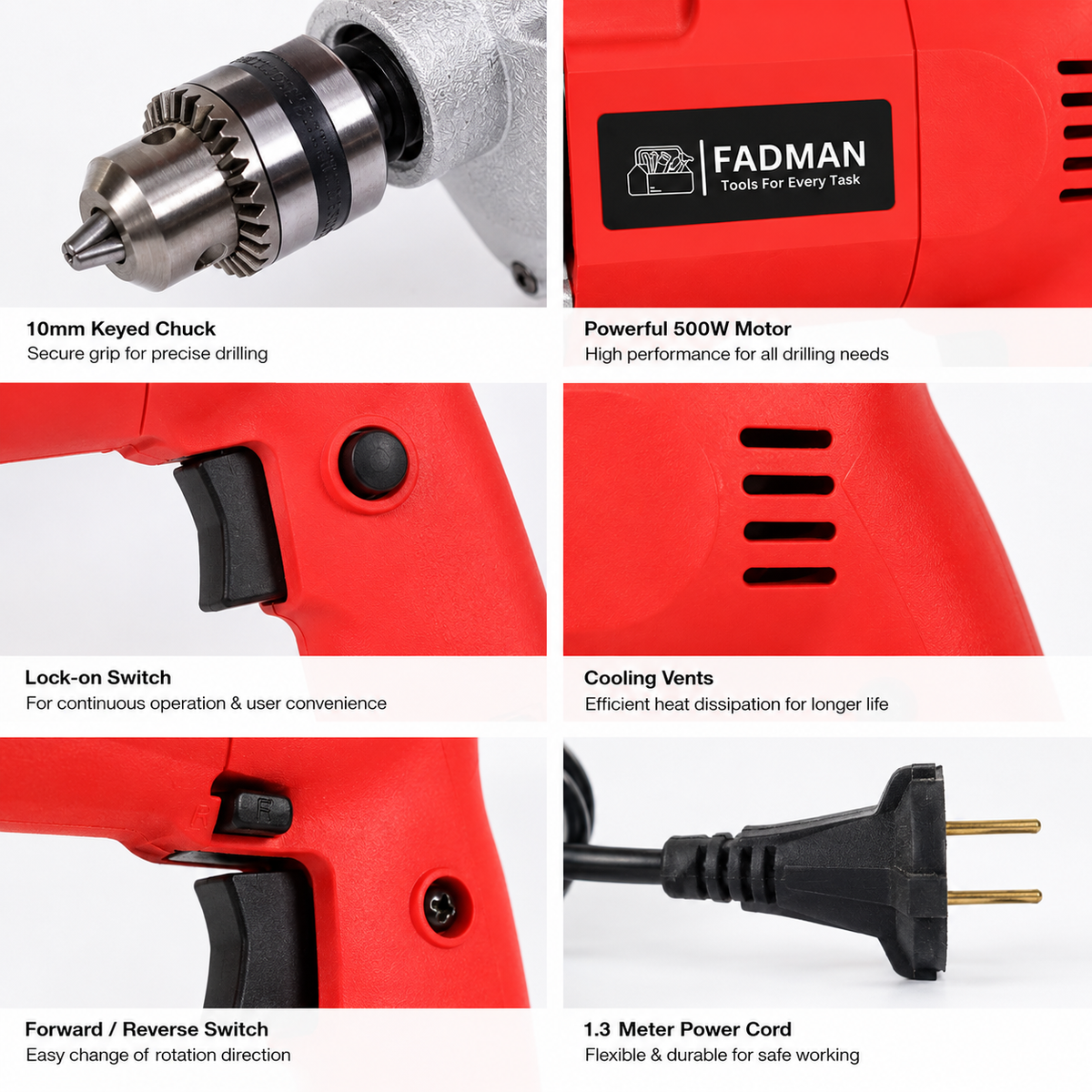 500W Electric Drill Machine with 10mm Chuck, 0–2600 RPM High Speed Corded Power Drill for Wood, Metal, Wall, Concrete & Masonry Drilling, 1.3 Meter Cord