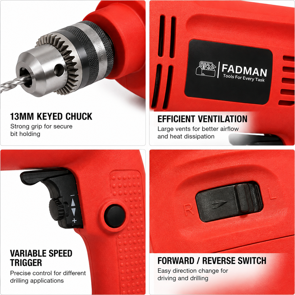 480W Electric Pistol Drill Machine with 10mm Chuck, Variable Speed Control, Forward & Reverse Function, Lock-On Button & Copper Motor for Wood, Metal, PVC & DIY Drilling