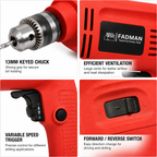 480W Electric Pistol Drill Machine with 10mm Chuck, Variable Speed Control, Forward & Reverse Function, Lock-On Button & Copper Motor for Wood, Metal, PVC & DIY Drilling