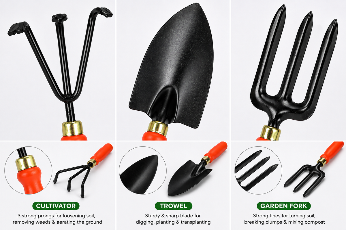 3 Pcs Gardening Hand Tools Set – Cultivator, Big Trowel & Garden Fork for Soil Digging, Loosening, Planting & Gardening