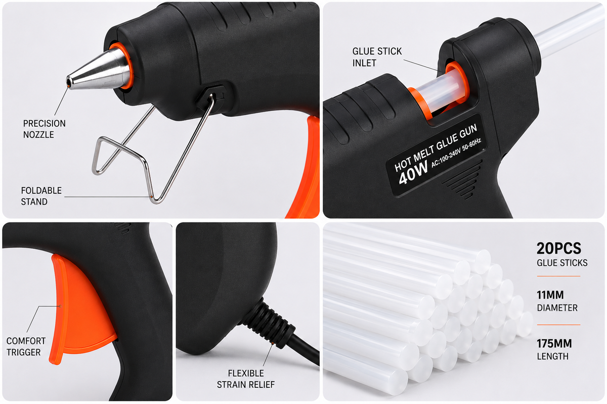 40W Hot Melt Glue Gun with 30 Pcs 11mm Glue Sticks | High Temperature Electric Adhesive Gun for Craft, DIY, Repair & Decoration
