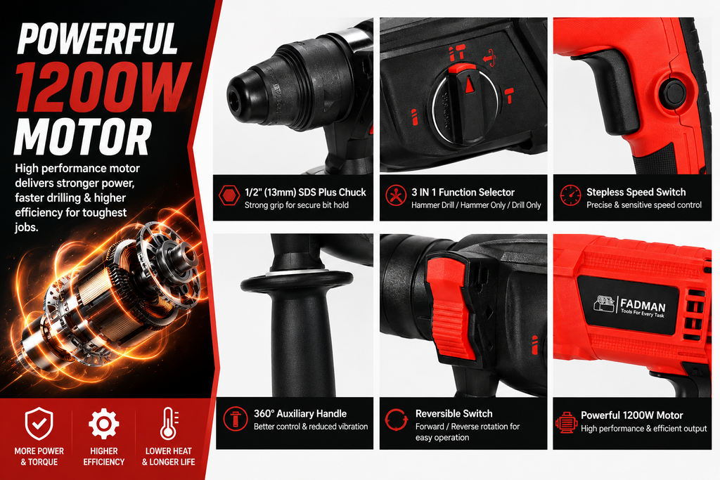 1200W 26mm Heavy Duty Rotary Hammer Drill Machine with SDS Plus Chuck, 3-in-1 Drilling, Hammering & Chiseling Modes, Auxiliary Handle, SDS Drill Bits & Chisels with Carry Case