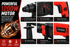 1200W 26mm Heavy Duty Rotary Hammer Drill Machine with SDS Plus Chuck, 3-in-1 Drilling, Hammering & Chiseling Modes, Auxiliary Handle, SDS Drill Bits & Chisels with Carry Case