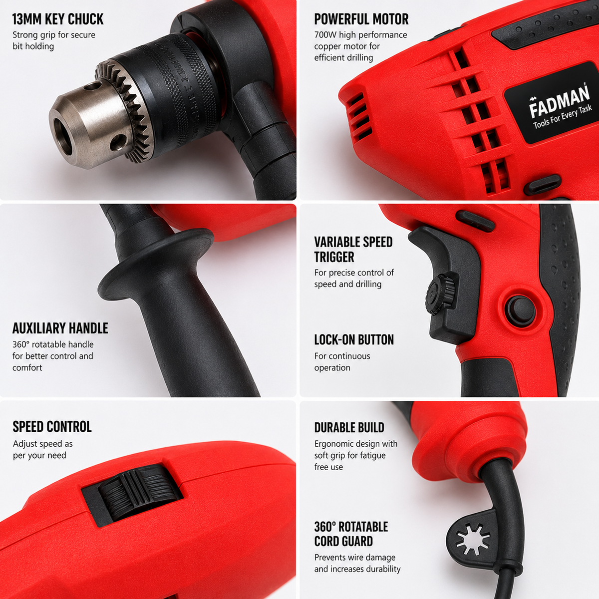700W Electric Impact Drill Machine with Auxiliary Handle | 13mm Heavy Duty Chuck | Variable Speed & Forward/Reverse Function | Powerful Drilling Machine for Wood, Metal, Wall & Home DIY Use
