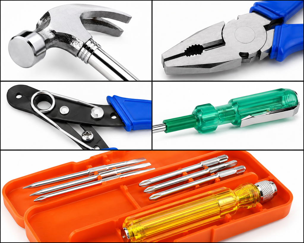 5-in-1 Multi-Purpose Hand Tool Kit with Combination Plier, Wire Cutter, Electrical Tester, Screwdriver Set & Claw Hammer for Home, Repair & DIY Use