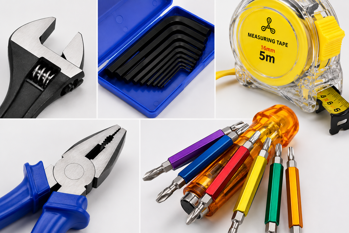 5-in-1 Hand Tool Kit with Adjustable Wrench, 5M Measuring Tape, Combination Pliers, Blue Allen Key Set & 6-in-1 Hexagon Screwdriver Set for Home, Workshop & Repair