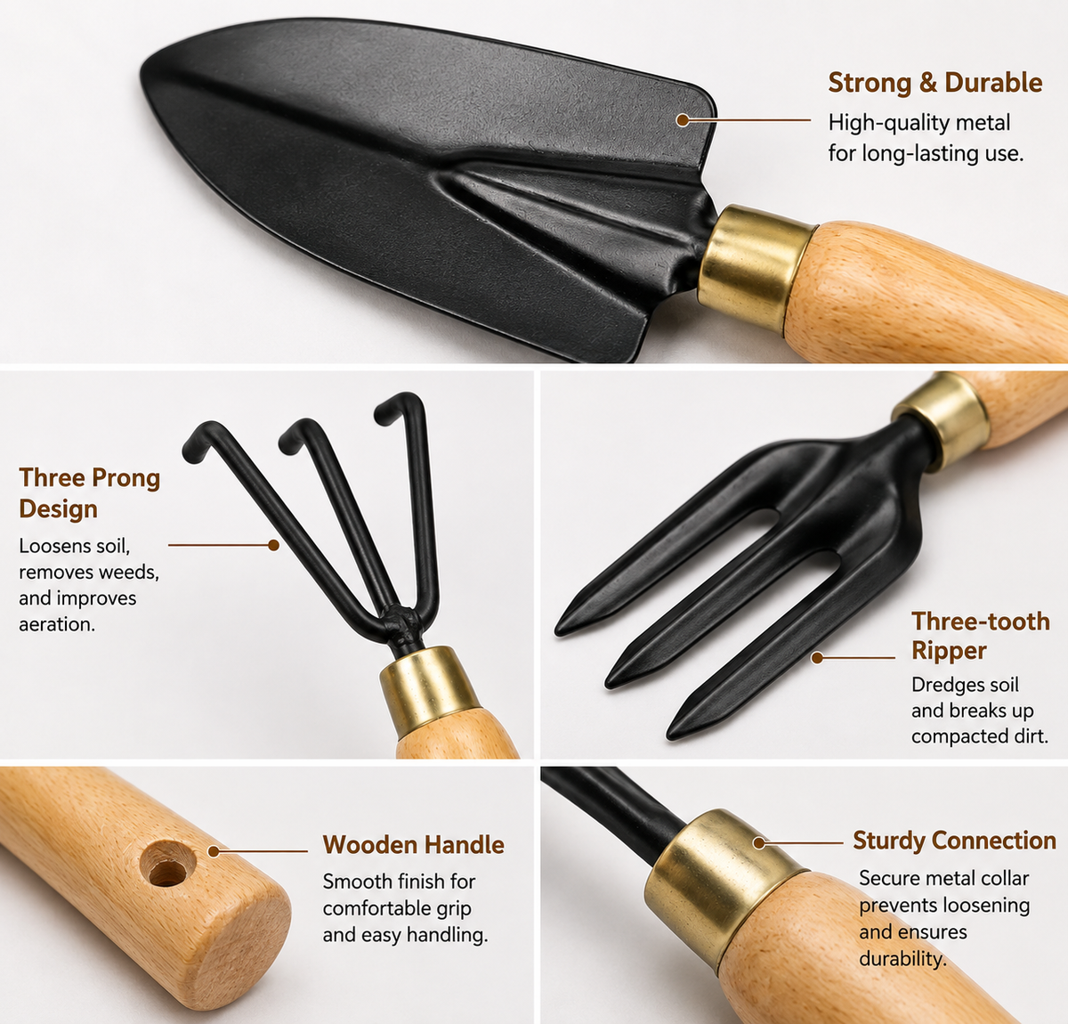 3 Pcs Garden Hand Tool Set with Trowel, Hand Cultivator & Garden Fork | Wooden Handle Gardening Tools for Digging, Weeding, Planting & Soil Aeration