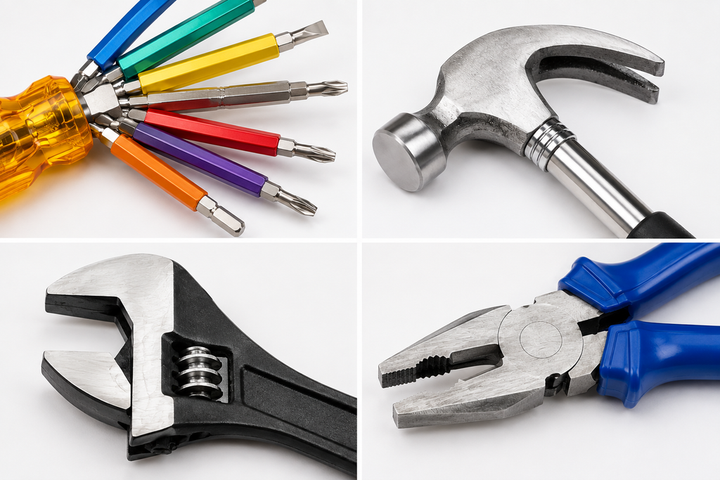 4-in-1 Multi-Purpose Hand Tool Kit – Combination Plier, 6-in-1 Hexagon Screwdriver Set, Claw Hammer & 200mm Adjustable Wrench for Home, Repair & DIY Work