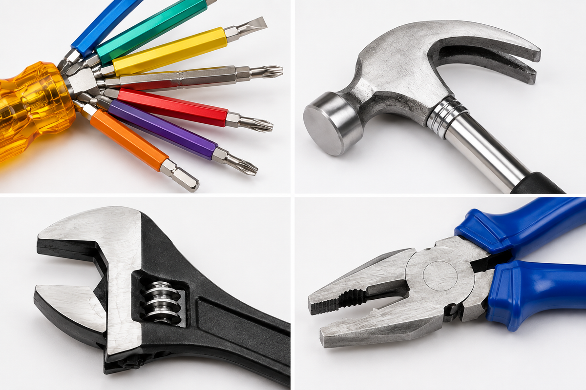 4-in-1 Multi-Purpose Hand Tool Kit – Combination Plier, 6-in-1 Hexagon Screwdriver Set, Claw Hammer & 200mm Adjustable Wrench for Home, Repair & DIY Work