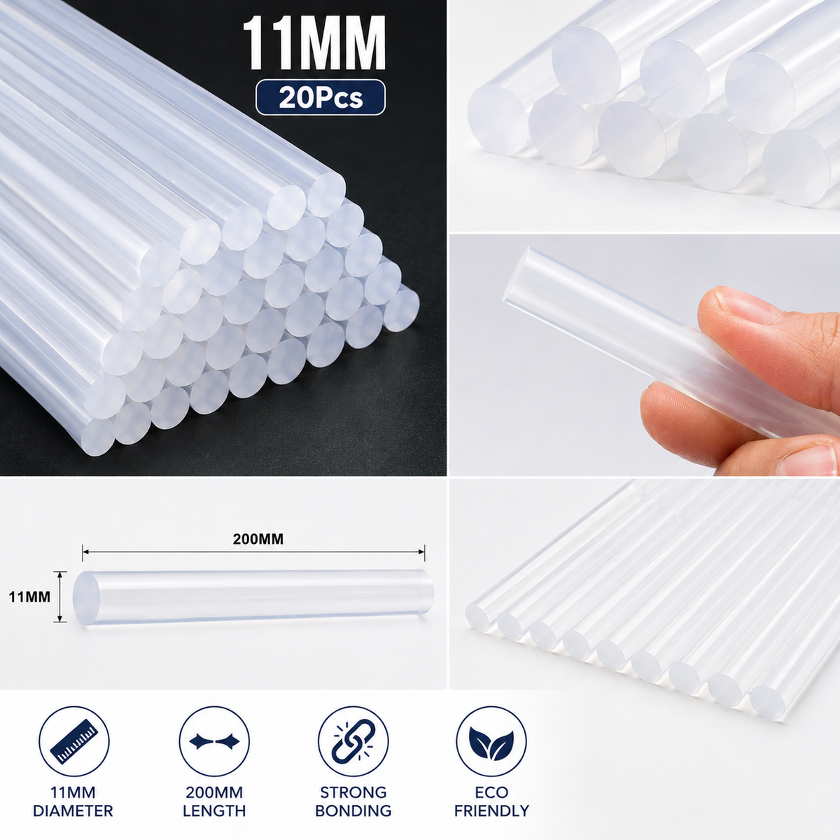 20 Pcs 11MM Hot Melt Glue Sticks, 7 Inch Transparent Adhesive Sticks for 40W to 150W Glue Guns, Strong Bonding for Craft, DIY, Repair & Decoration