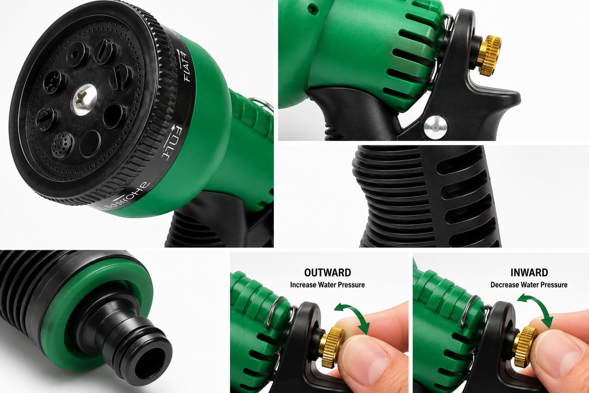 Heavy Duty Garden Hose Spray Nozzle with 8 Adjustable Spray Patterns, Water Flow Control, Hand-Free Clip & Anti-Slip Grip for Lawn, Garden & Car Cleaning