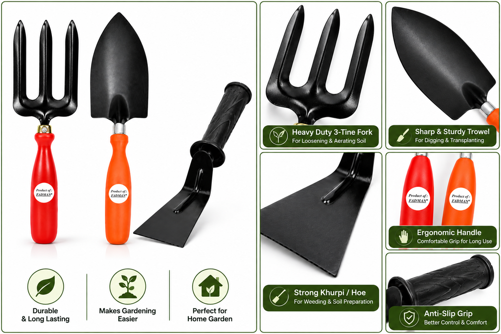 Garden Tool Set of 3 | Big Trowel, 3-Prong Garden Fork & Khurpa | Heavy-Duty Hand Tools for Gardening, Weeding, Digging & Soil Cultivation