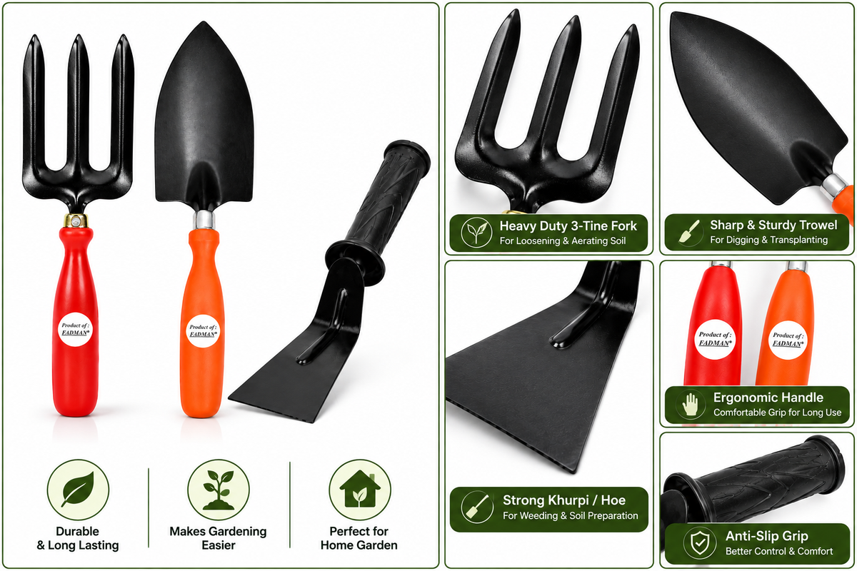 Garden Tool Set of 3 | Big Trowel, 3-Prong Garden Fork & Khurpa | Heavy-Duty Hand Tools for Gardening, Weeding, Digging & Soil Cultivation